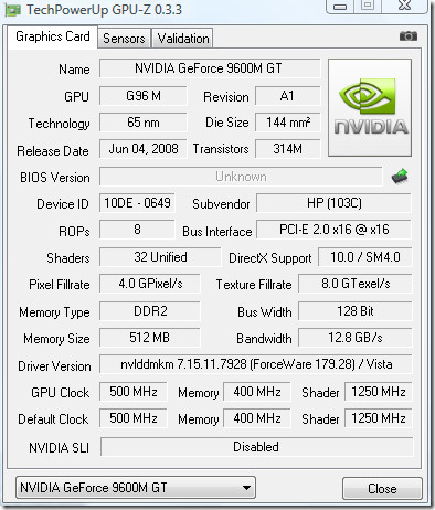gpu-z geforce 9600gt graphic card details