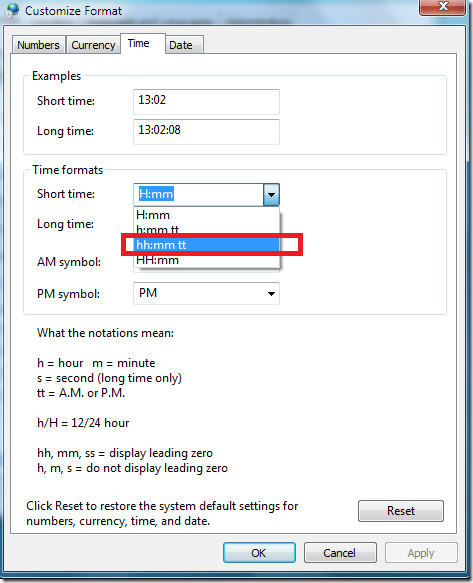 how to alter time in windows 7 to here pm