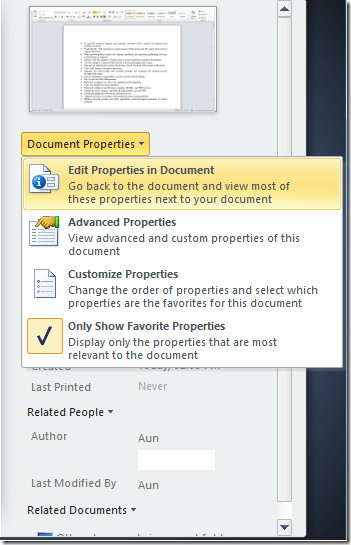 print document properties word 2010