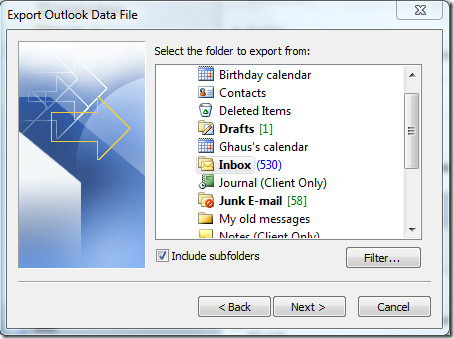 Экспорт файла данных Outlook