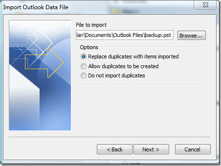Импортировать файл данных Outlook