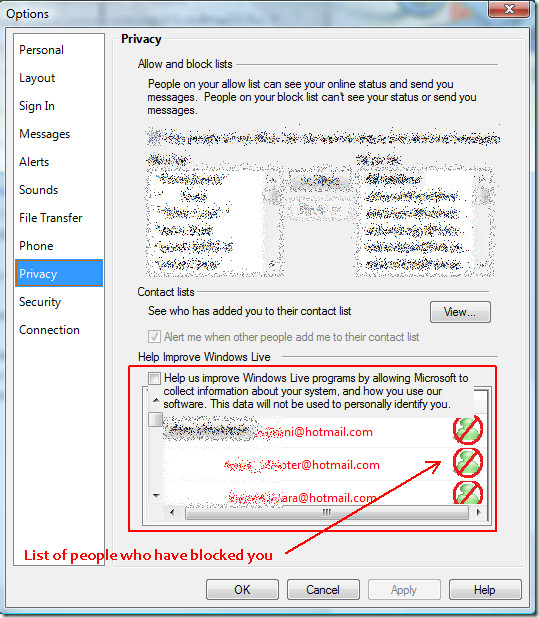 how to block an contact into windows live Messenger
