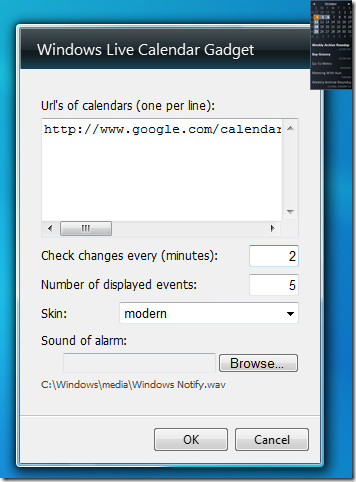 Параметры гаджета календаря Windows Live