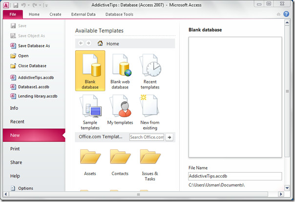 Create database access 2010