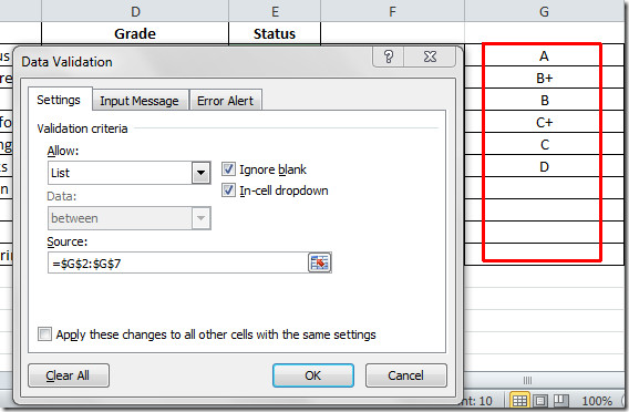 Excel 2010: Data Validation List