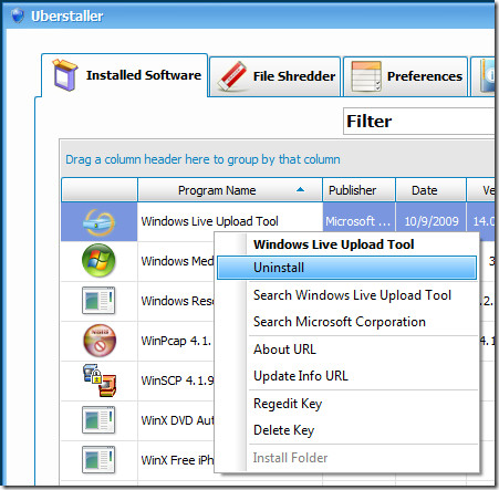 Uberstaller context menu Uberstaller context menu