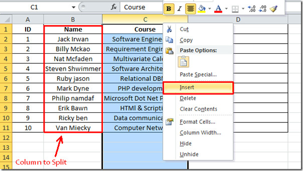 excel split cells formula