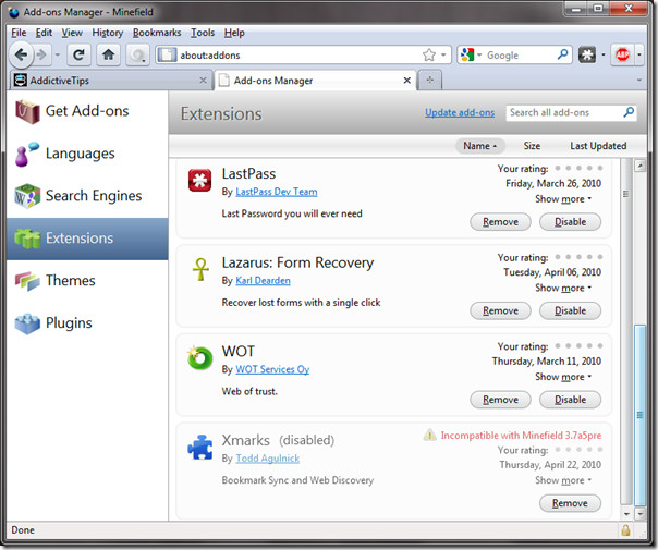 Add-ons Manager Firefox