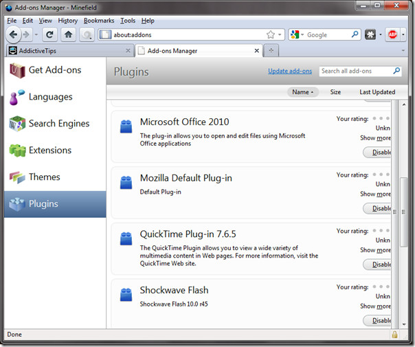 Firfox plugins add-on manager