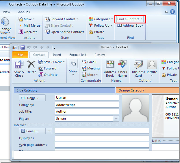 поиск контактов, отображаемых в Outlook 2010