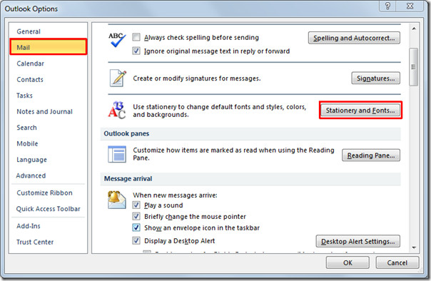 how to change preferences in outlok 2010