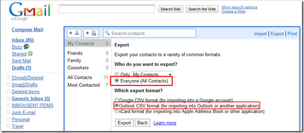 how to export contacts from outlook then import into gmail
