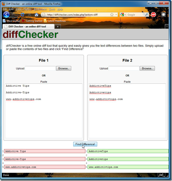 Find out the difference between two text files online