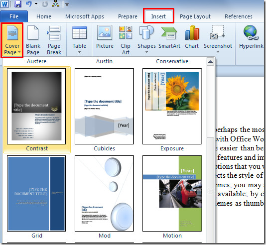 How To Quickly Insert Page Cover In Word 2010 Document