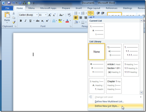 Word 2010 define single level list format