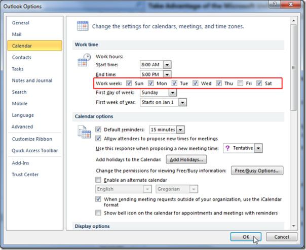 Change Settings For Working Days Outlook 2010 Calendar 