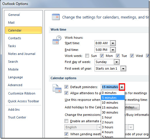 Outlook 2010 Change Default Reminder Time Outlook 2010 Change Default Reminder Time