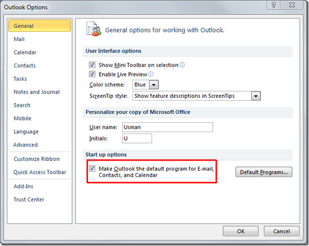 set outlook as default email client