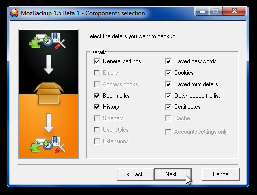 MozBackup 1.5 Beta 1 - Components selection