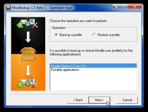 MozBackup 1.5 Beta 1 - Operation type