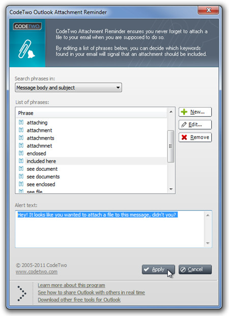 CodeTwo Outlook Attachment Reminder