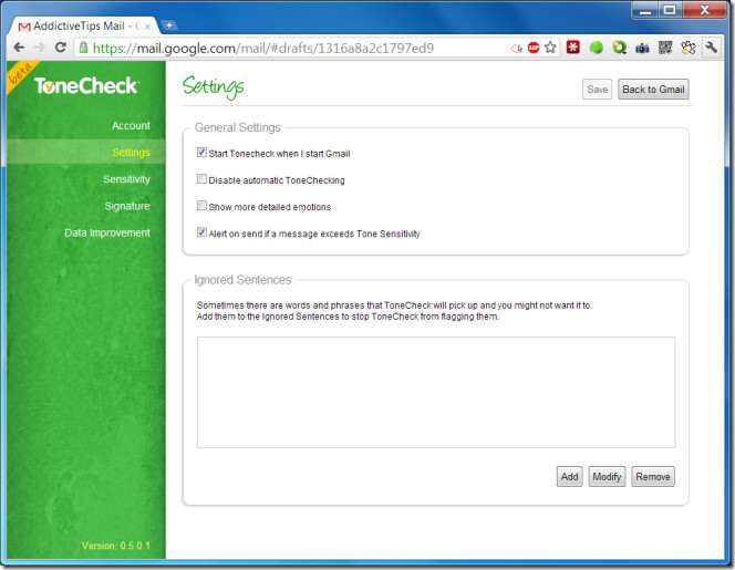 tonecheck settings tonecheck settings