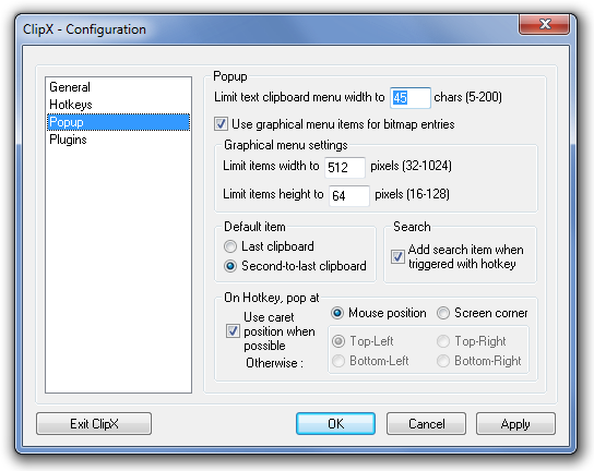 ClipX - Configuration Pop-up