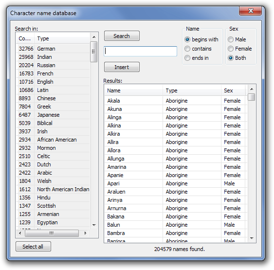 Character name database