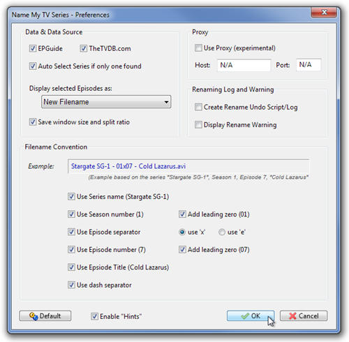 Name My TV Series - Preferences