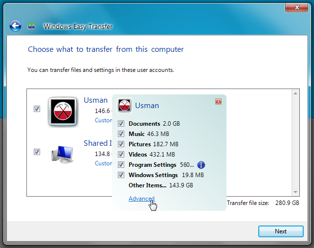 windows easy transfer advance