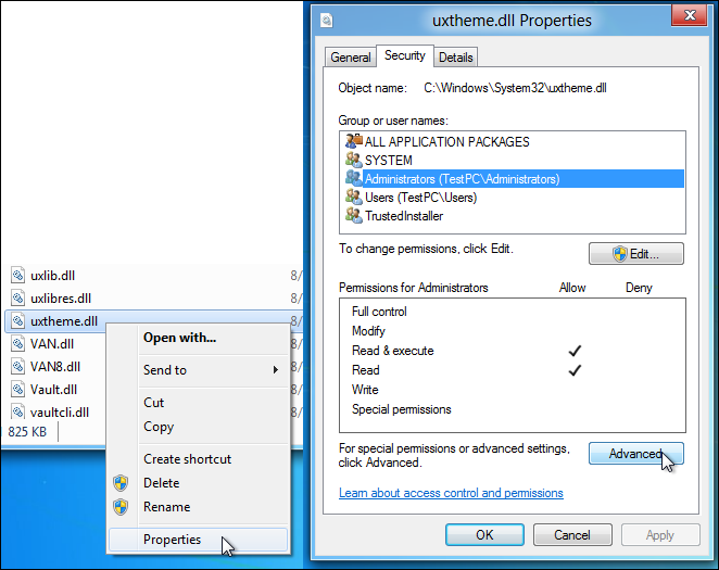 Запрещенный файл. Uxtheme.dll. Windows permissions. Пользователь uxtheme. Сбойный модуль uxtheme.dll.