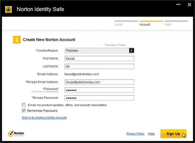 Đăng ký Norton Identity Safe