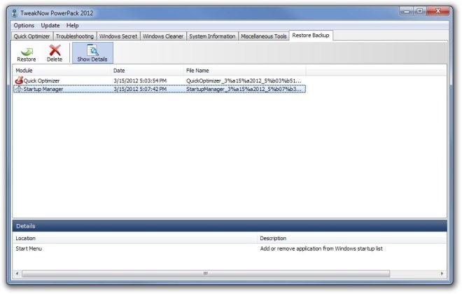 TweakNow PowerPack 2012 Backup Restore