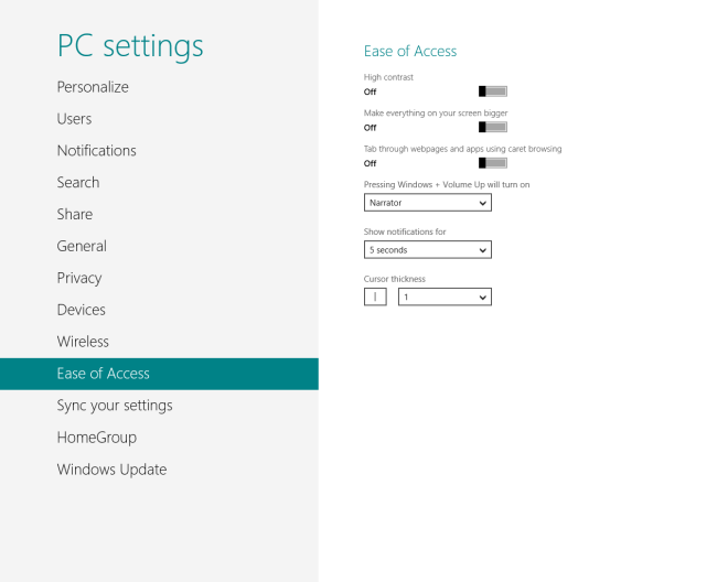 Windows 8 PC Settings Ease of Access Windows 8 PC Settings Ease of Access