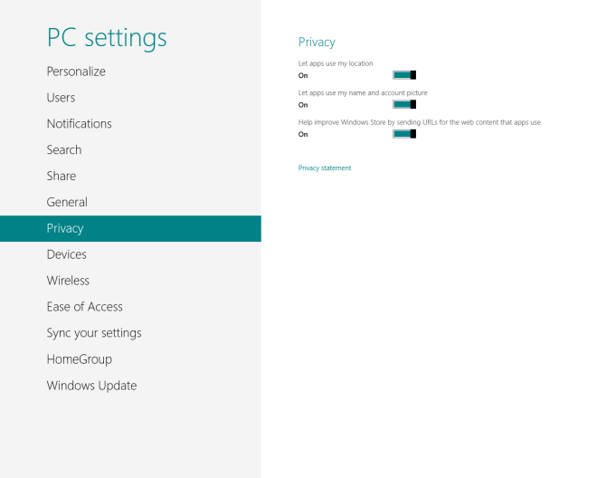 Windows 8 PC Settings Privacy Windows 8 PC Settings Privacy