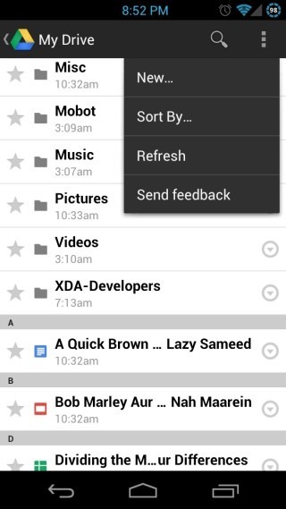 Google Drive for Android Menu Google Drive for Android Menu