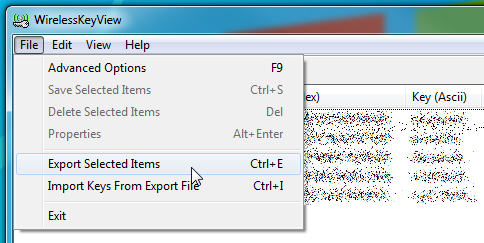 WirelessKeyView - File menu WirelessKeyView - File menu