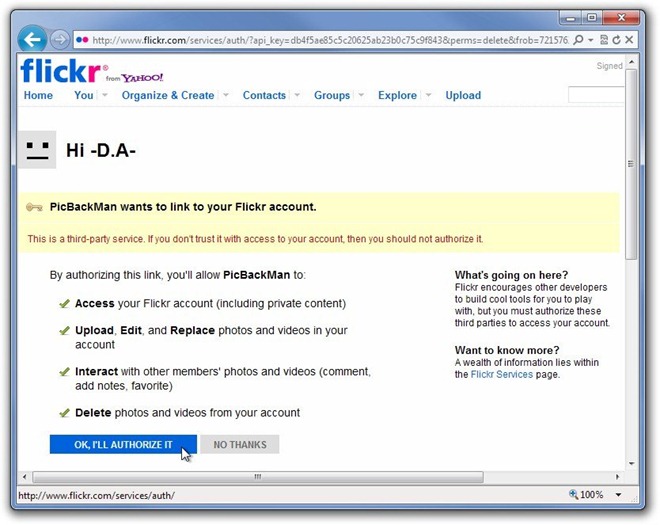 Flickr Authorize PicBackMan - Windows Internet Explorer Flickr Authorize PicBackMan - Windows Internet Explorer