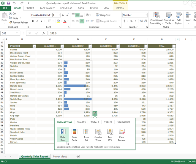 Quick Analysis Excel 2013