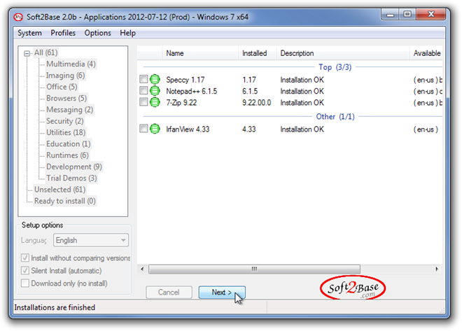 Soft2Base 2.0b - Applications 2012-07-12 (Prod) - Windows 7 x64 Installation Finished