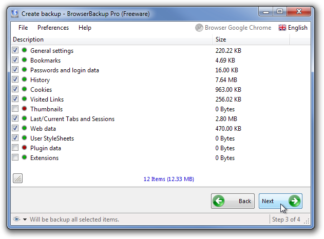 Create backup - BrowserBackup Pro (Freeware) - Items to backup Create backup - BrowserBackup Pro (Freeware) - Items to backup