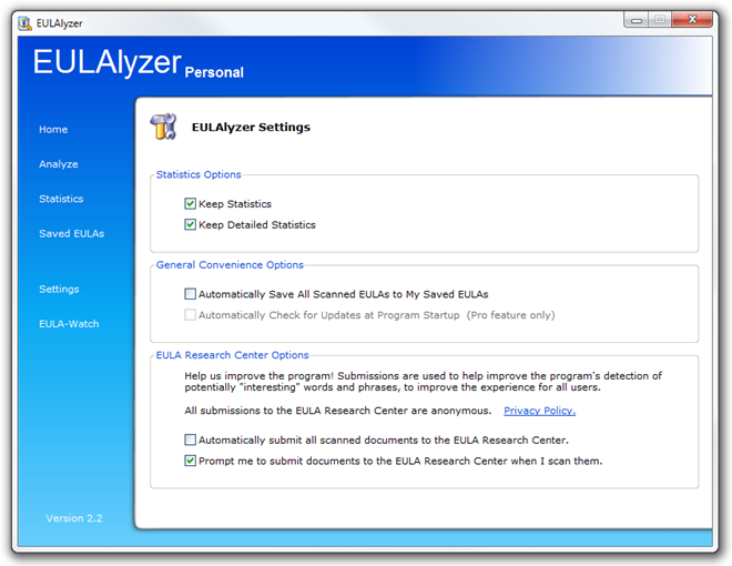 EULAlyzer Settings EULAlyzer Settings