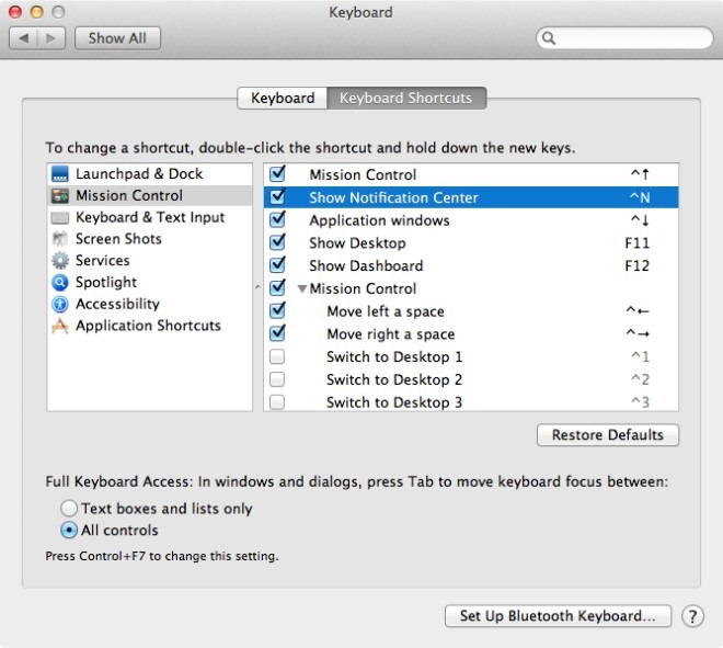 Notification Center shortcut Notification Center shortcut