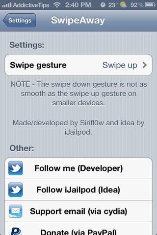 SwipeAway iOS Settings