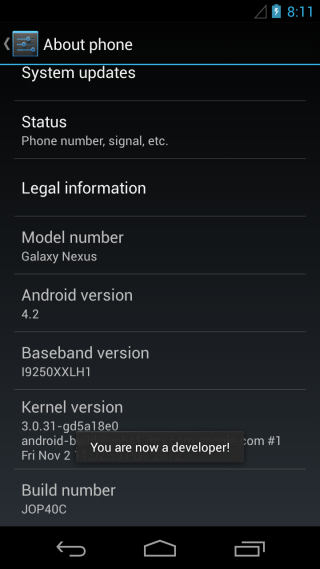 Enable Developer Options on Android 4.2 Jelly Bean