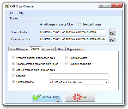 EXIF Date Changer Options