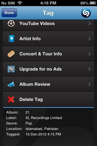 Shazam iOS Tag Info Shazam iOS Tag Info