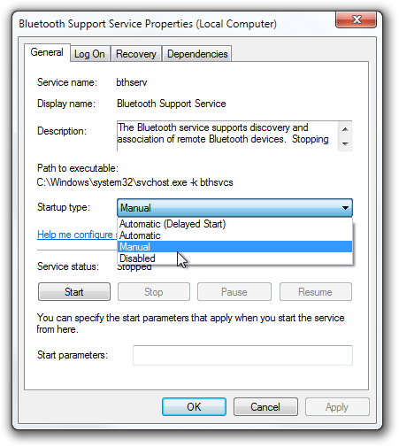 Bluetooth Support Service Properties (Local Computer) Bluetooth Support Service Properties (Local Computer)