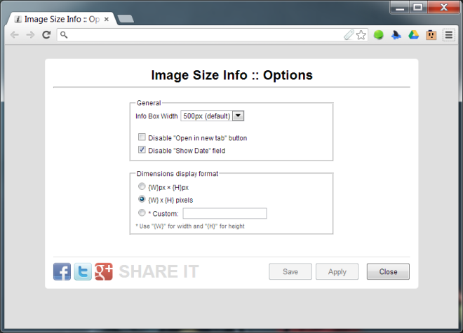 Image Size Info  Options
