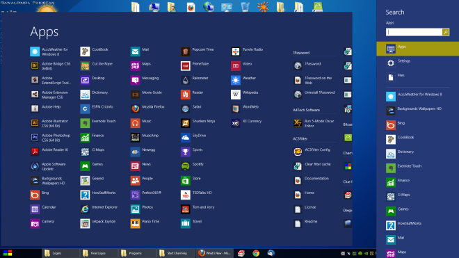 8 Start Screen, All Apps Search Charms From Desktop